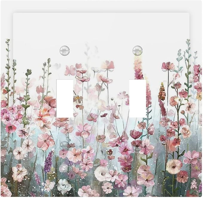 Colorful Flowers Pink Floral Watercolor Plant Decorative Switch Plates 2 Gang Double Toggle Outlet Light Switch Cover Wall Plate Electrical Faceplate for Bed Room Living Room Decor