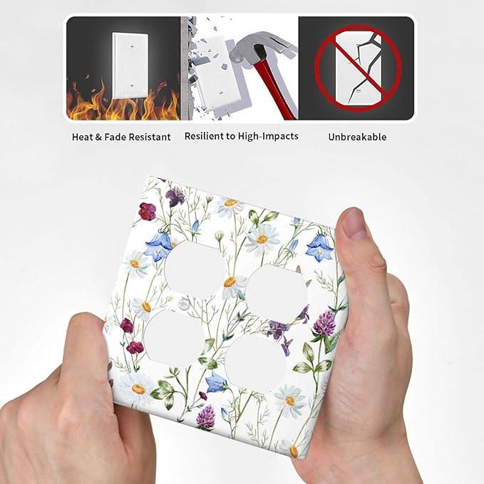 Floral Boho Multicolor Flower Plant Leaves Outlet Covers 2 Gang Double Duplex Decorative Light Switch Covers Electrical Wallplates Socket Faceplate for Bedroom Living Room Decor
