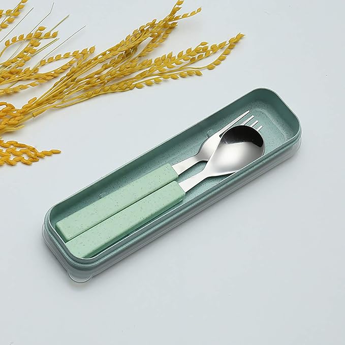VANRA 2-Piece Children Flatware Set 18/10 Stainless Steel Child Tableware Set Silver Cutlery Set Silverware Dinner Utensils Spoon Fork Set with Travel Case for Kids (Chrome Finished) (Green)