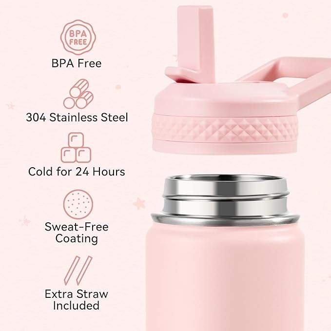 Fijinhom 12 oz Kids Water Bottle, Toddler Water Bottle with Straw, Boys&Girls Bottle for School, 304 Stainless Steel Vacuum Insulated Bottle for Kids, BPA-Free, Leak-Proof, Pink