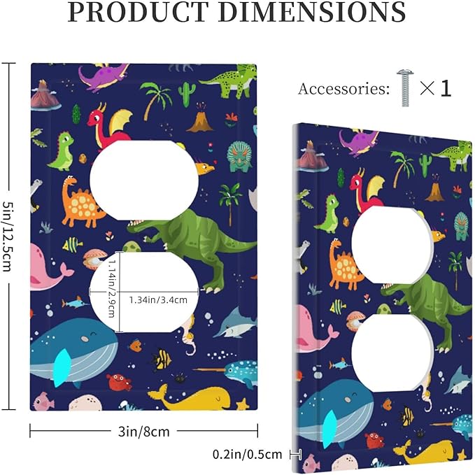 Cartoon Cool Blue/Green Dinosaur 1 Gang Duplex Wall Plate Receptacle Outlet Covers Ocean Dolphin Animal Boys Kids Girls Decorative Electrical Dual Device Light Switch Plug Socket Faceplate Cover