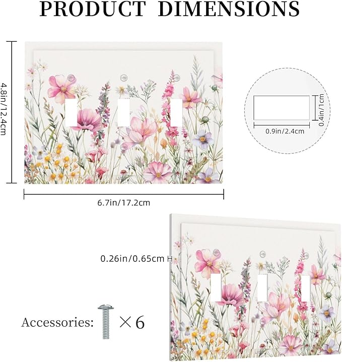 Pink Floral Wild Flowers Watercolor Plants Decorative Switch Plates 3 Gang Wall Plate Triple Toggle Light Switch Cover Faceplate Electrical Wall Panels for Bedroom Living Room Decor