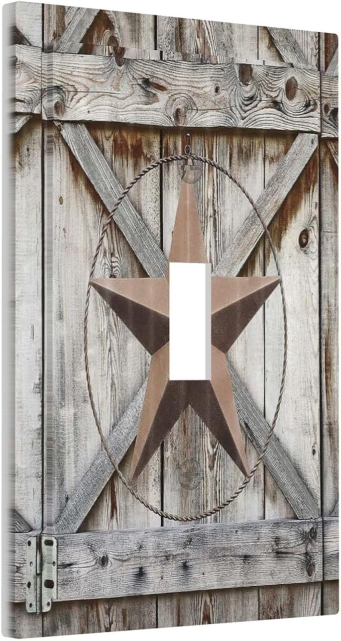 Rustic Western Texas Star Barn Door 1 Gang Light Switch Cover Decorative Single Toggle Wall Plate Switchcovers Electrical Switchplate Home Decor for Farmhouse Living Room Bedroom Bathroom Decorate