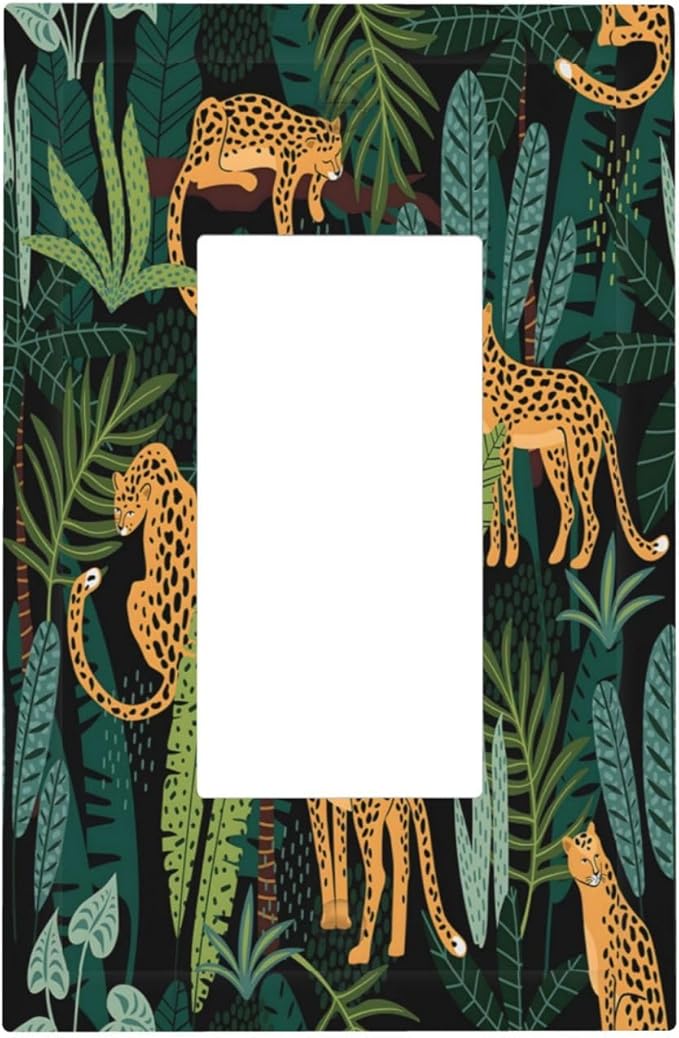 Jungle Cheetah Tropical Wildlife Leopard Green Palm Leaf Decorative Outlet Covers 1 Gang Single Rocker Light Switch Cover Plate Wall Plates GFCI Faceplate for Farmhouse Home Decor