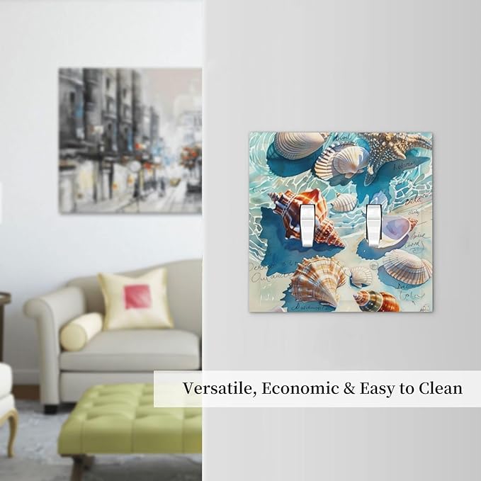 Decorative Switch Plates Ocean Waves Starfish Conch Scallop Shell 2 Gang Double Toggle Outlet Light Switch Cover Wall Plate Electrical Faceplate For Kids Room Nursery Decor
