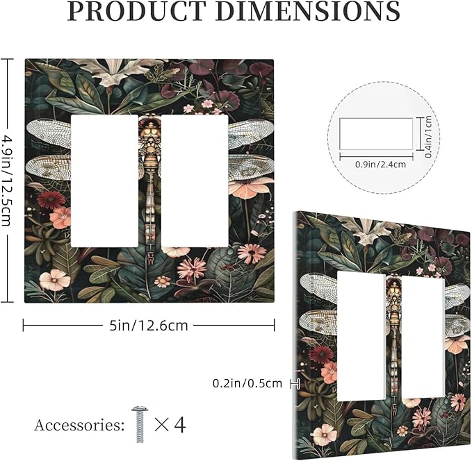 Vintage Dark Green Dragonfly Flowers Floral Botanical Decorative Outlet Covers 2 Gang Double GFCI Rocker Electrical Wall Panels Light Switch Cover Plate for Farmhouse Home Decor