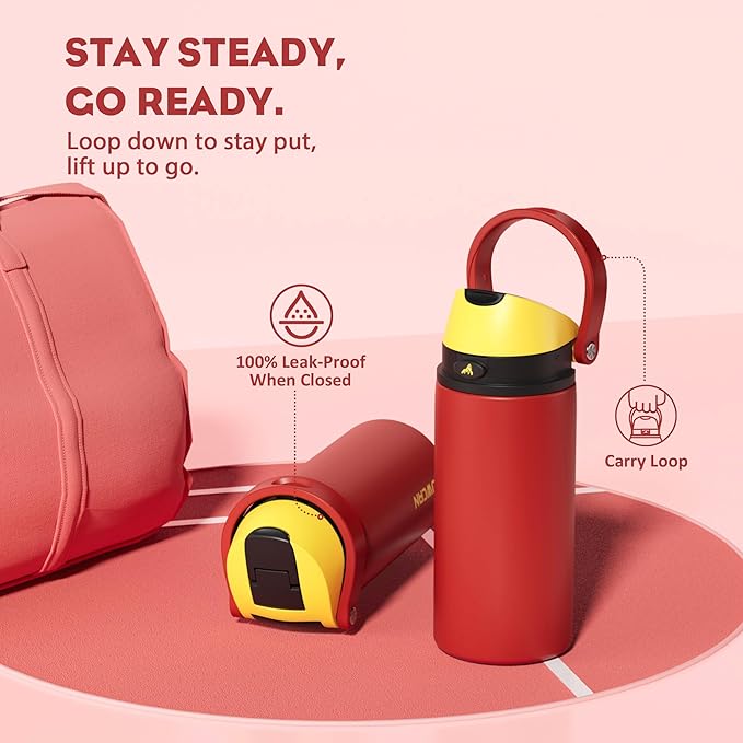 POWCAN 18 oz Travel Water Bottle: 2-in-1 Push-Button Spout & Quick-Flip Straw, Leakproof, Cold 24Hrs, Fits Car Cup Holder, Stainless Steel Cup for Sports, School, Commute, Camping (Mouse's Mischief)