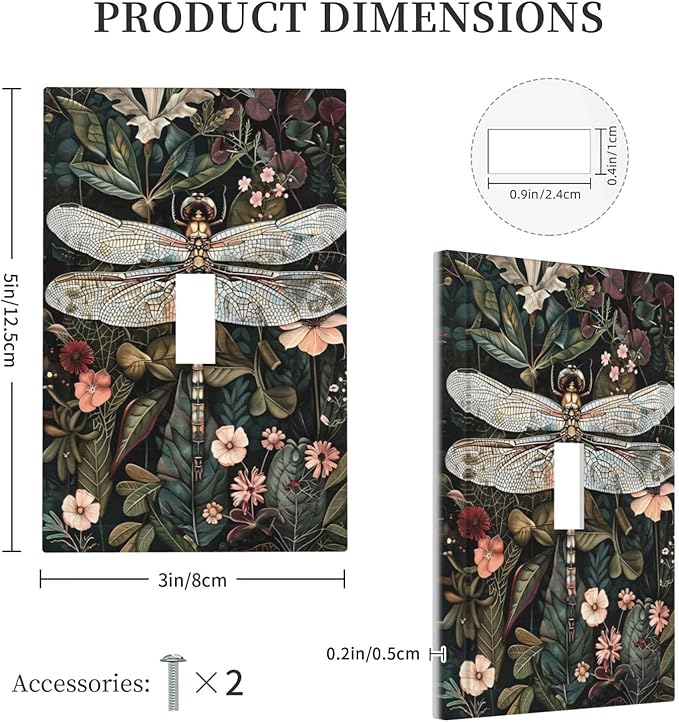 Vintage Dark Green Dragonfly Flowers Floral Botanical Decorative Light Switch Cover 1 Gang Single Toggle Device Electrical Faceplate Switchplates Decorator Outlet Wall Plate for Farmhouse Home Decor