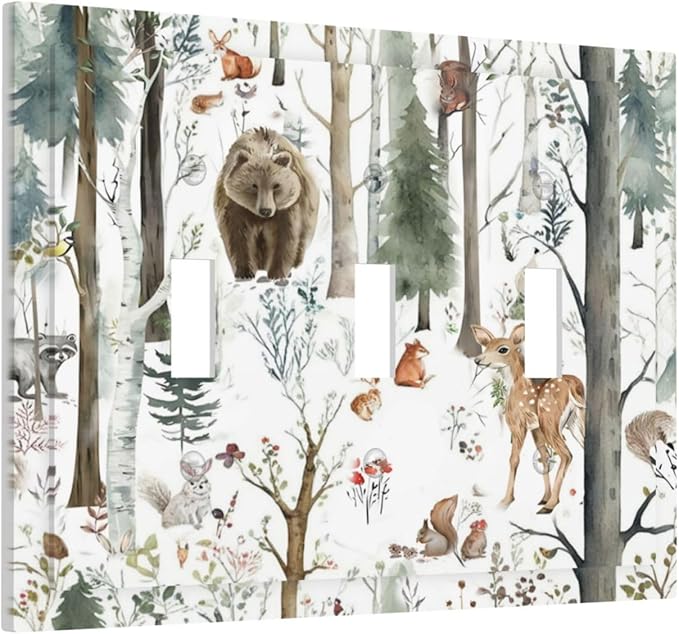 Snow Bear Fox Deer Forest Squirrel Wild Life Animal Decorative Switch Plates 3 Gang Wall Plate Triple Toggle Light Switch Cover Faceplate Electrical Wall Panels for Farmhouse Kids Room Decor