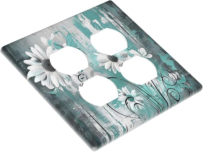 Outlet Covers Teal Daisy Floral Vintage Wood Plank 2 Gang Double Duplex Decorative Light Switch Covers Electrical Wallplates Socket Faceplate For Farmhouse Cabin Decor