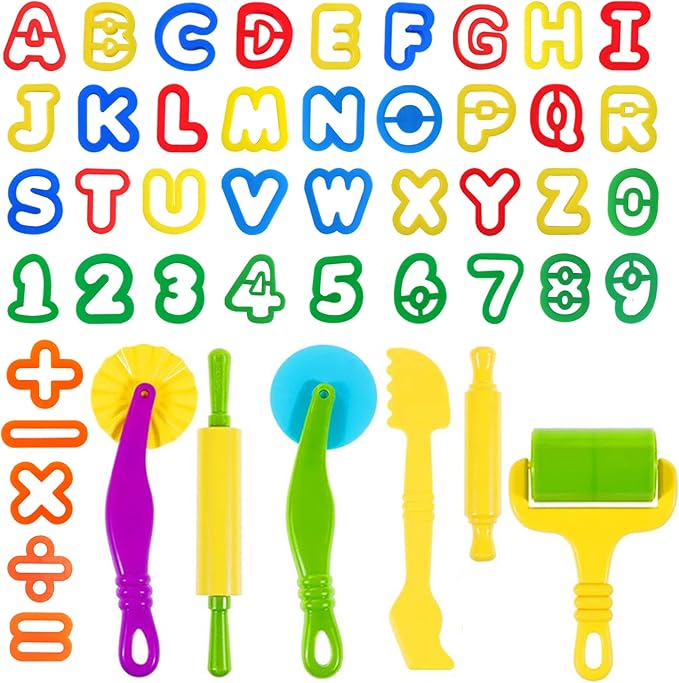 Dough Tools 47 PCS Dough Play Tools Set for Kids, Plastic Alphabet Numbers Cutters, Rollers, Rolling Pins