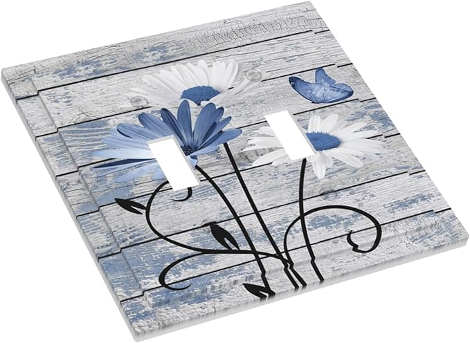 Blue White Daisy Flower Butterfly Rustic Wood Board Decorative Switch Plates 2 Gang Double Toggle Outlet Light Switch Cover Wall Plate Electrical Faceplate for Farmhouse Bedroom Decor