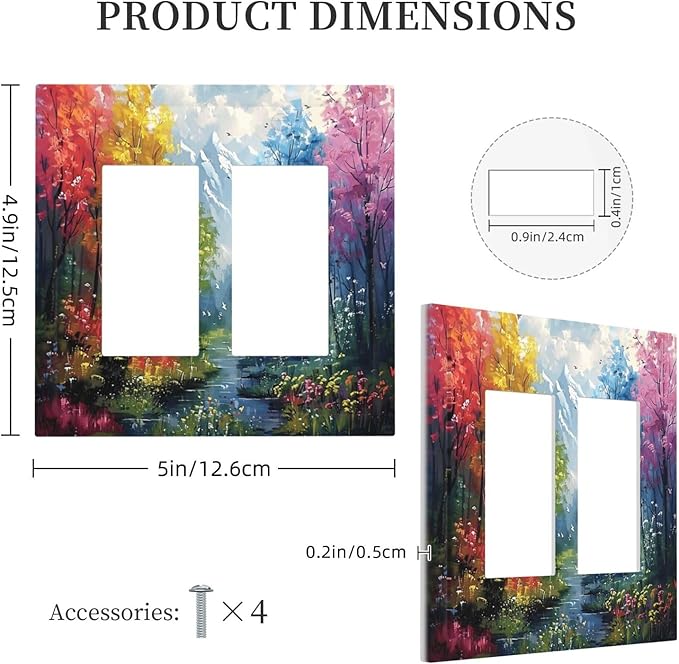 Colorful Forest Snow Mountain River Oil Painting Style Decorative Outlet Covers 2 Gang Double GFCI Rocker Electrical Wall Panels Light Switch Cover Plate for Bedroom Living Room Decor