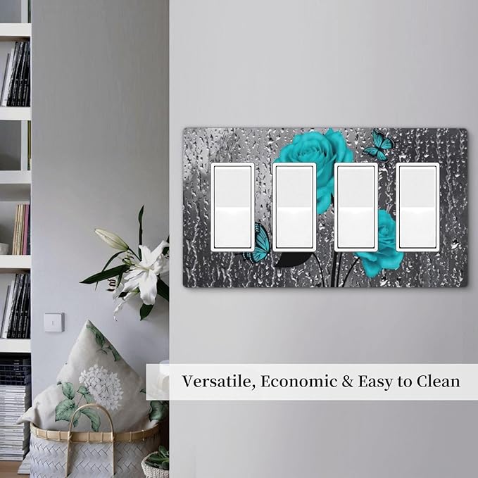 Romantic Elegant Butterfly Turquoise Teal Blue Grey Rose Flower Raindrop Floral 4 Gang Quad Device Screwless Decorator GFCI/Rocker Wall Plate Light Switch Dimmer Receptacle Outlet Cover Standard Size