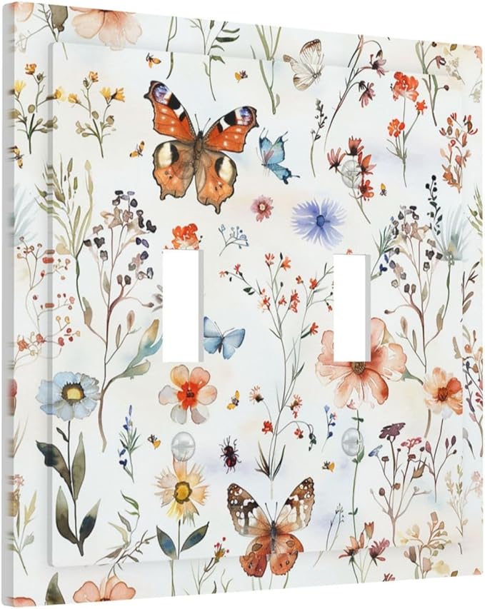 Decorative Switch Plates Butterfly Floral Boho Multicolor Flower Leave 2 Gang Double Toggle Outlet Light Switch Cover Wall Plate Electrical Faceplate for Bed Room living Room Decor