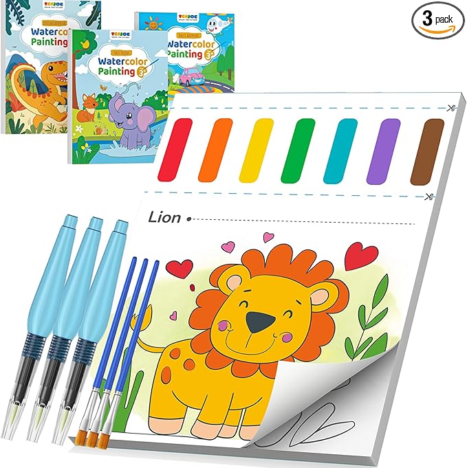 TECJOE 3 Pack Paint with Water Coloring Books for Toddlers, Mess Free Watercolor Painting Set with 6 Brushes, Travel Art Craft Toys Birthday Gifts for Kids Ages 3-8, Traffic, Forest & Dinosaur