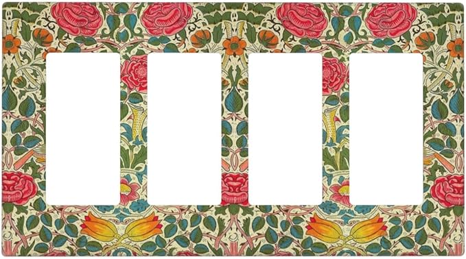 William Morris Roses Floral 4 Gang Light Switch Cover VintageTulip Flower Plant Bird Quad Rocker Outlet Covers Switchplates Decorative Electrical Wall Plate for Bedroom Home Décor
