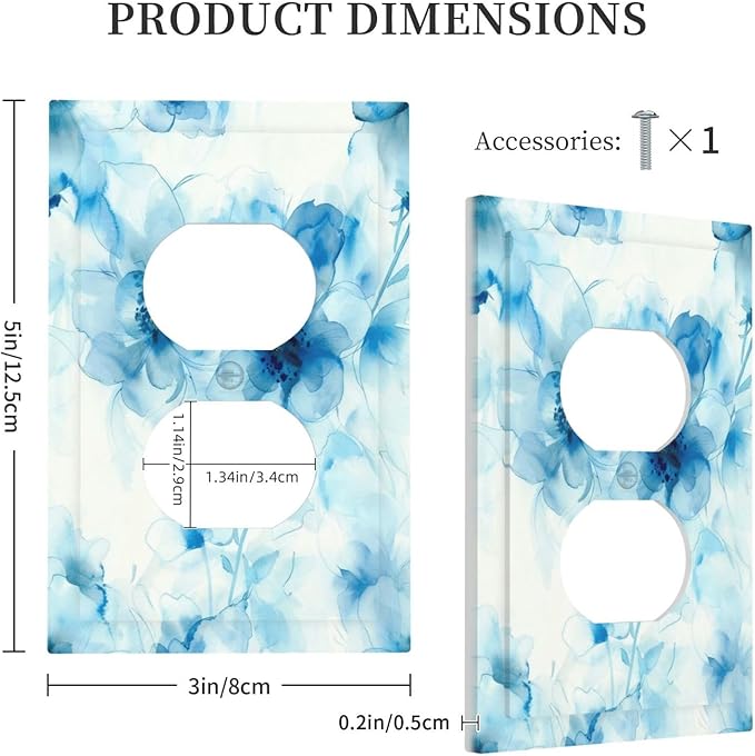 Watercolor Flower Blue White Large Floral Leaf Plants Outlet Covers 1 Gang Duplex Light Switch Cover Decorative Switch Plates Electrical Receptacle Faceplate Wall Plate for Bedroom Living Room Decor