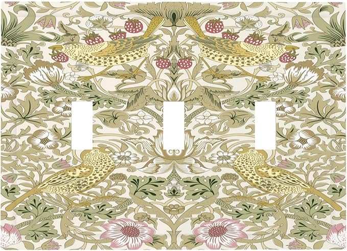 William Morris Vintage Strawberry Bird Botanical Decorative Switch Plates 3 Gang Wall Plate Triple Toggle Light Switch Cover Faceplate Electrical Wall Panels for Farmhouse Home Decor