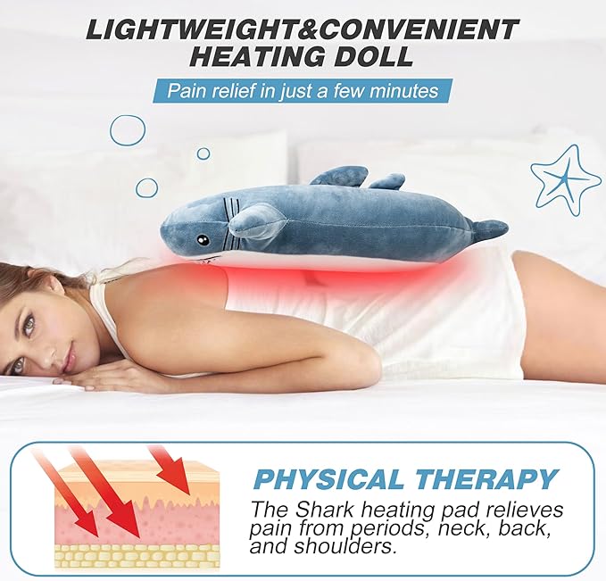 Shark Heating Pad for Period Cramps & Menstrual Pain Relief, Cute Heated Stuffed Animal Heating Pad Plush, Portable USB Heated Toy with Auto Shut Off for Women & Girls, Gift for Mom