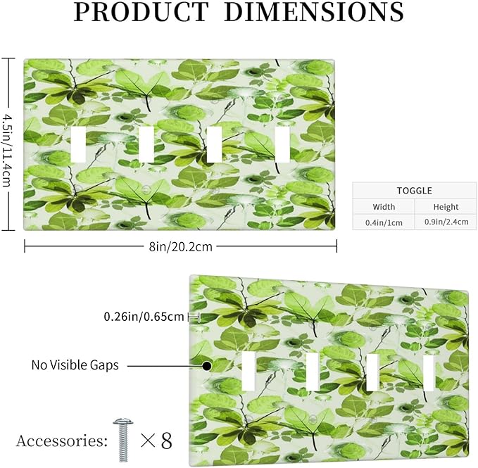 Green Leaves Spring Plant Floral Light Switch Covers Quad Toggle Electrical Faceplate 4 Gang Wall Plate Decorative Switch Plates for Bed Room Living Room Decor