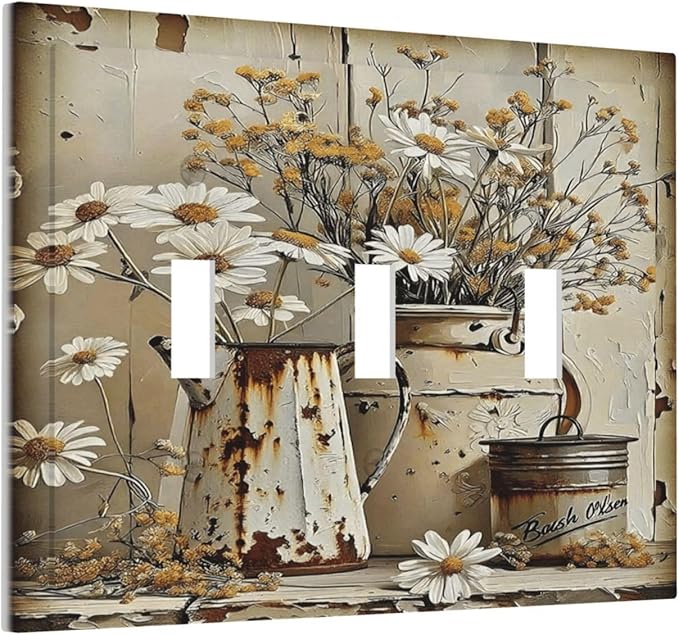Rustic Flowers Daisy Floral White Wooden Planks Decorative Switch Plates 3 Gang Wall Plate Triple Toggle Light Switch Cover Faceplate Electrical Wall Panels for Farmhouse Home Decor