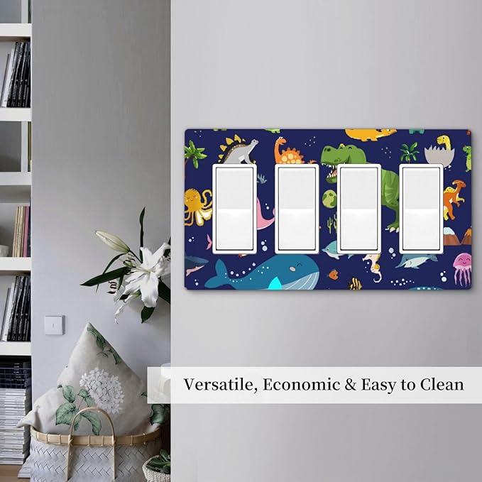 Kids Boys Cartoon Dinasour Ocean Animals Theme 4 Gang Quad Rocker Light Switch Cover Decorative Quadruple Device GFCI/Decorator Wall Plate Electric Faceplate Screwless