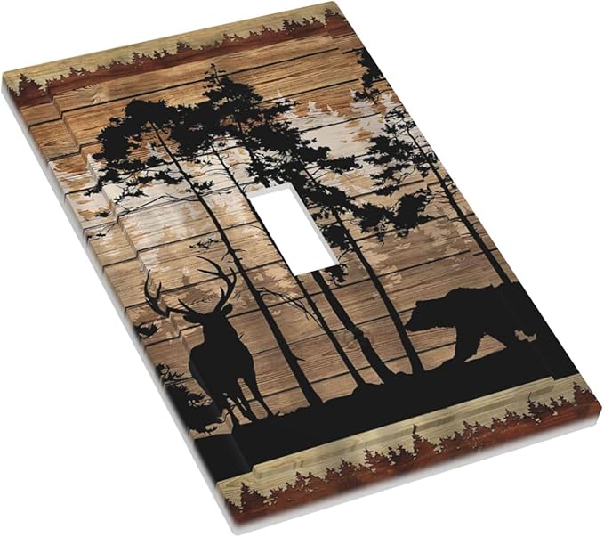 Rustic Mountain Forest Cabin Antler Bear Deer Elk Silhouettes Hunting Country Animal 1 Gang Electrical Single Toggle Device Switch Wall Plate Jumbo Size Decorative Outlet Light Switch Face Plate Cover