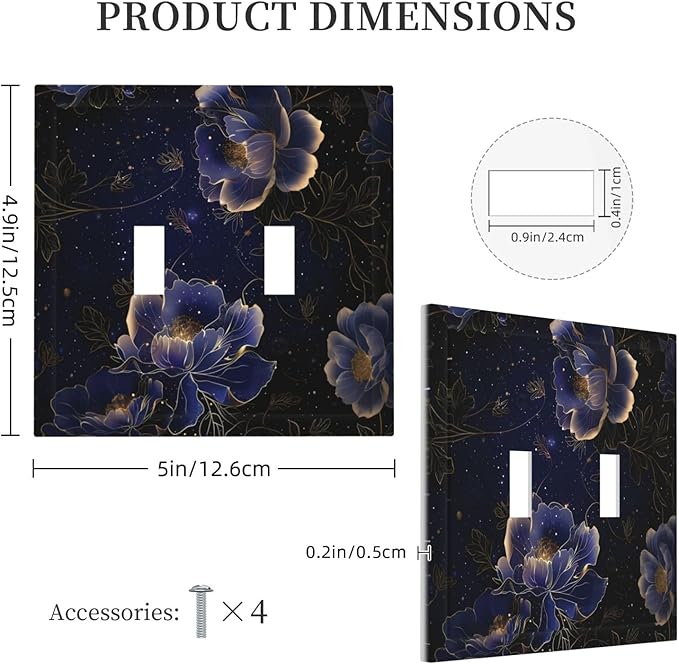 Navy Blue Floral Vintage Flower Dark Watercolor Decorative Switch Plates 2 Gang Double Toggle Outlet Light Switch Cover Wall Plate Electrical Faceplate for Bedroom Living Room Decor