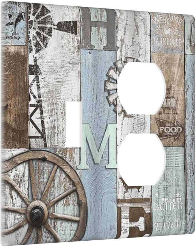 Rustic Western Barn Door Vintage Windmill Wallplates 1 Toggle 1 Duplex Switch Plate Electrical GFCI Faceplate Decorative Light Switch Covers for Farmhouse Home Decor