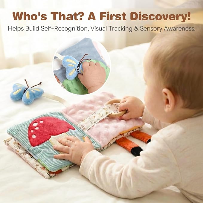Macabaka Montessori Soft Baby Book - Sensory Book for Babies 0-12 Months with Crinkle Paper, Touch & Feel Textures, Baby Safe Mirror & Teether. Educational Infant Toys for Tummy Time, Newborn
