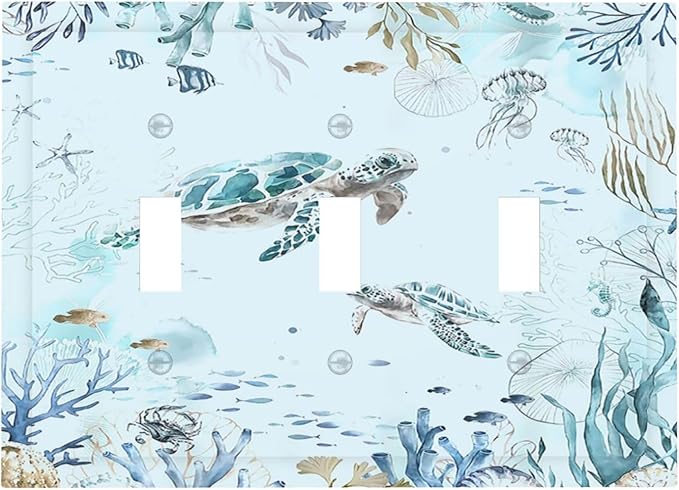 Decorative Switch Plates Teal Blue Ocean Sea Turtle Seabed Plants 3 Gang Wall Plate Faceplate Triple Toggle Light Switch Cover Electrical Wall Panels for Bathroom Kids room Decor