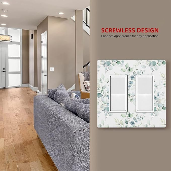 Green Eucalyptus Leaf 2 Gang Double GFCI Rocker Rocker/Decorator Light Switch Cover Decorative Outlet Wall Plate Electrical Faceplate Screwless