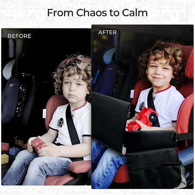 Kids Travel Tray for Car Seat, Carseat Table Tray for Kids Road Trip Activities, Car Trays for Kid Roadtrip Essentials, Toddler Lap Desk Organizer for Airplane - Black