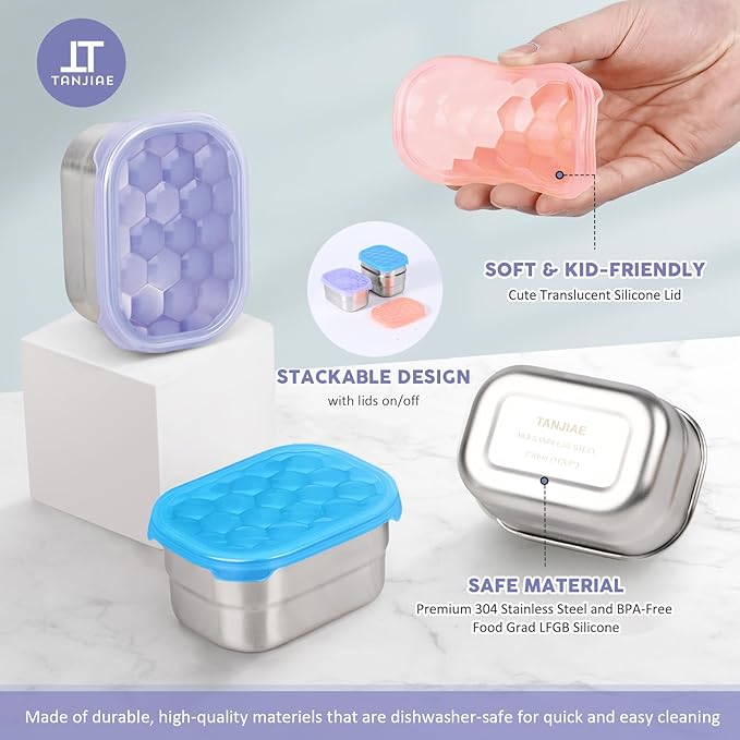 Tanjiae Snack Pro - Small (1 CUP) Stainless Steel Snack Containers for Kids | Easy Open Leak Proof Food Containers with Silicone Lids - Perfect Metal Toddler Lunch Box for Daycare and School (8oz*3)