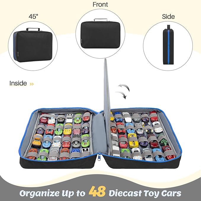 KISLANE Car Storage Case Organizer for 48 Vehicles – Portable 1:64 Scale Die-Cast Collection Carrying Case with Elastic Slots, Travel Storage Bag for Collectors, Black