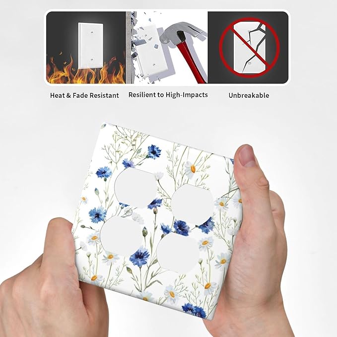 Decorative Light Switch Cover Plate Watercolor Daisy Blue Floral Vintage Plant 2 Gang Decorative Switch Plates 1 Toggle Duplex Combo Outlet Covers GFCI Plug Covers Wallplates for Bedroom Home Decor