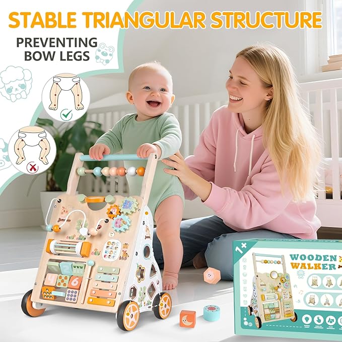 Wooden Baby Walker with Wheels, Push Walker with Baby Activity Center, Montessori Walking Toy for Girls Boys, Adjustable Speed & Height Activity Toy for Toddler Learning to Walk 12+ Months (Natural)