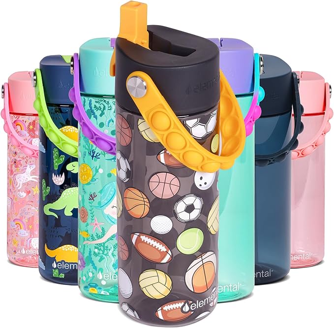 Elemental Water Bottles for Kids - Splash Kids Water Bottle for School with Pop-it Handle - BPA Free Tritan Plastic Water Bottle with Straw Leak Proof when Spout is Closed - Sports Ball - 18oz