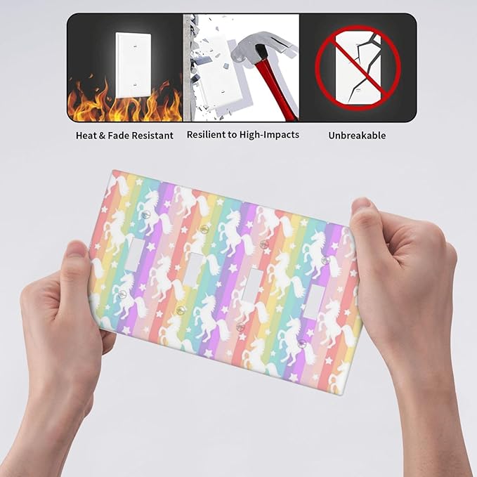 Kids Girls Girly Bedroom Rainbow 4 Gang Device Decorator Outlet Light Switch Cover Plate, Colorful Stars Stripes Unicorn Decorative Funny Pink Teen Animals Quad Toggle Wallplate Faceplate Cover