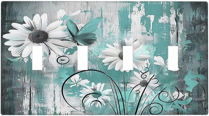 Light Switch Covers Teal Daisy Floral Vintage Wood Plank Quad Toggle Electrical Faceplate 4 Gang Wall Plate Decorative Switch Plates For Farmhouse Cabin Decor