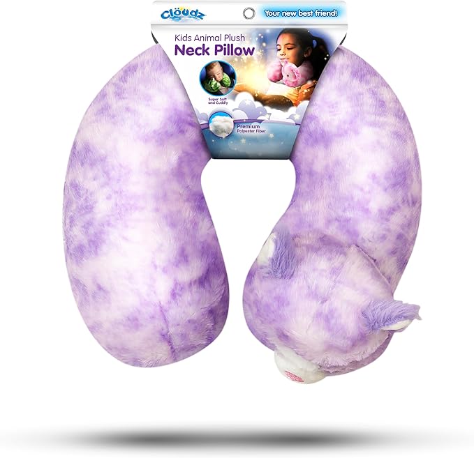 Cloudz Kids Super Soft N' Cuddly Animal Airplane Travel Neck Pillow! Keep Children Comfy and Supported with a Buddy While Traveling or just Resting at Home - Purple Cat