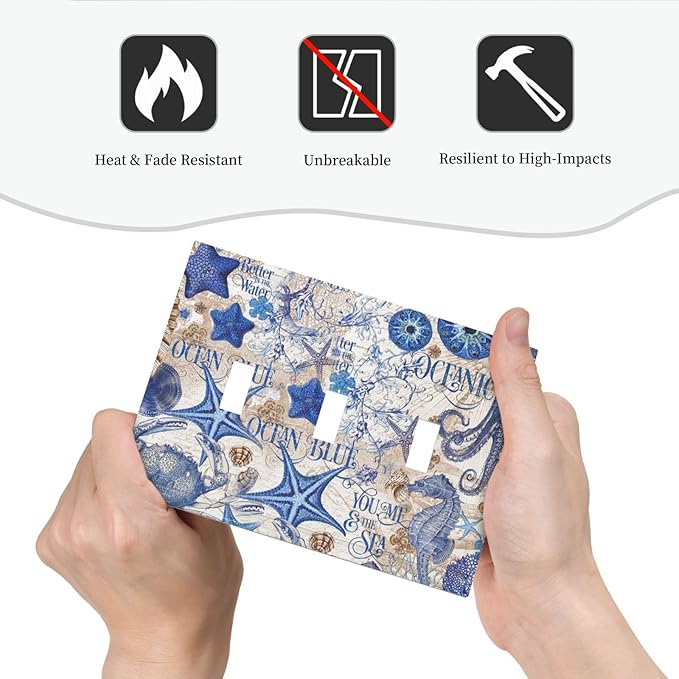 Decorative Switch Plates Vintage Sea Blue Seahorse Starfish Octopus 3 Gang Wall Plate Triple Toggle Light Switch Cover Faceplate Electrical Wall Panels For Kids Room Home Decor