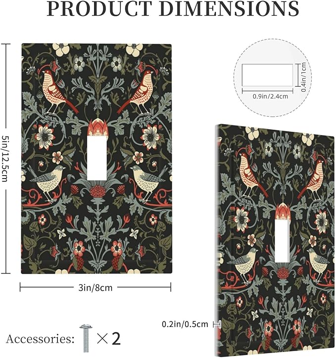 Vintage Birds Berries Mid Century Floral Flower Decorative Light Switch Cover 1 Gang Single Toggle Device Electrical Faceplate Switchplates Decorator Outlet Wall Plate for Bedroom Living Room Decor