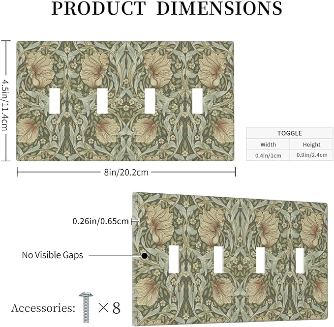 William Morris Pimpernel Flowers Quad Toggle Light Switch Cover Vintage Floral Green Botanical 4 Gang Wall Plate Decorative Electrical Switchplates Covers for Country Bedroom Home Décor