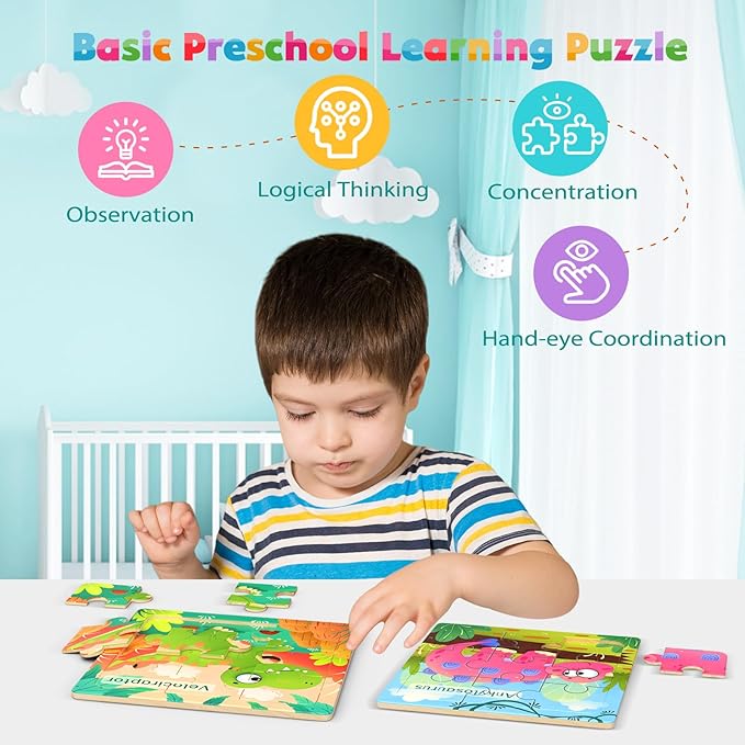 Zeoddler Wooden Puzzles for Toddlers, 8 Pack Dinosaur Jigsaw Puzzles for Kids3-5, 9 Pieces Preschool Learning Activities, Learning & Educational Puzzles, Gift for Boys, Girls