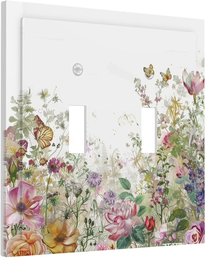 Decorative Switch Plates Boho Wildflower Colorful Floral Butterfly 2 Gang Double Toggle Outlet Light Switch Cover Wall Plate Electrical Faceplate For Bed Room Living Room Decor