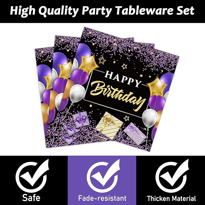 Wiooffen 96 Pcs Purple Birthday Party Plates Napkins Tableware Set - Purple and Black Happy Birthday Party Supplies Disposable Dinnerware for 24 Guests