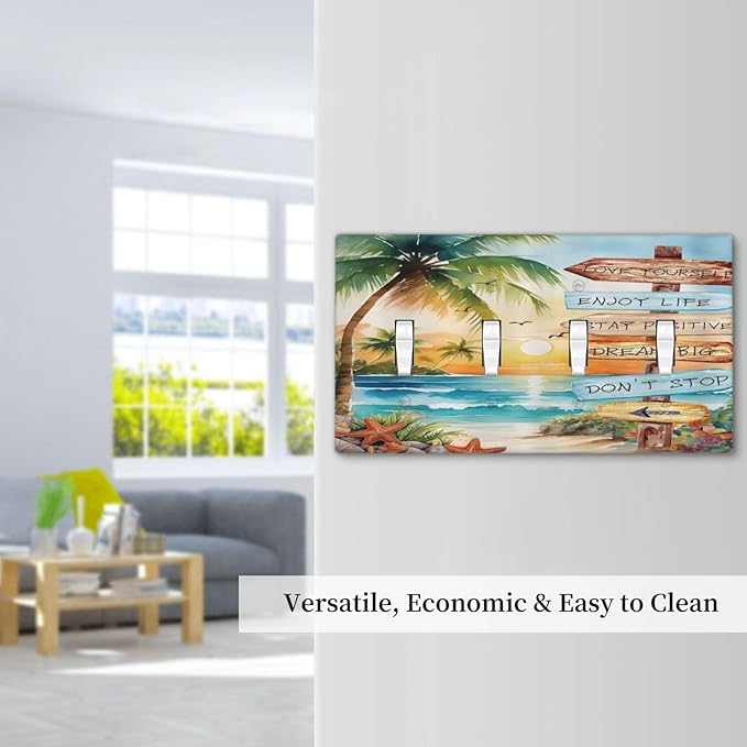 Tropical Beach Palm Tree Summer Coastal Ocean Sunset Light Switch Covers Quad Toggle Electrical Faceplate 4 Gang Wall Plate Decorative Switch Plates for Bedroom Living Room Decor