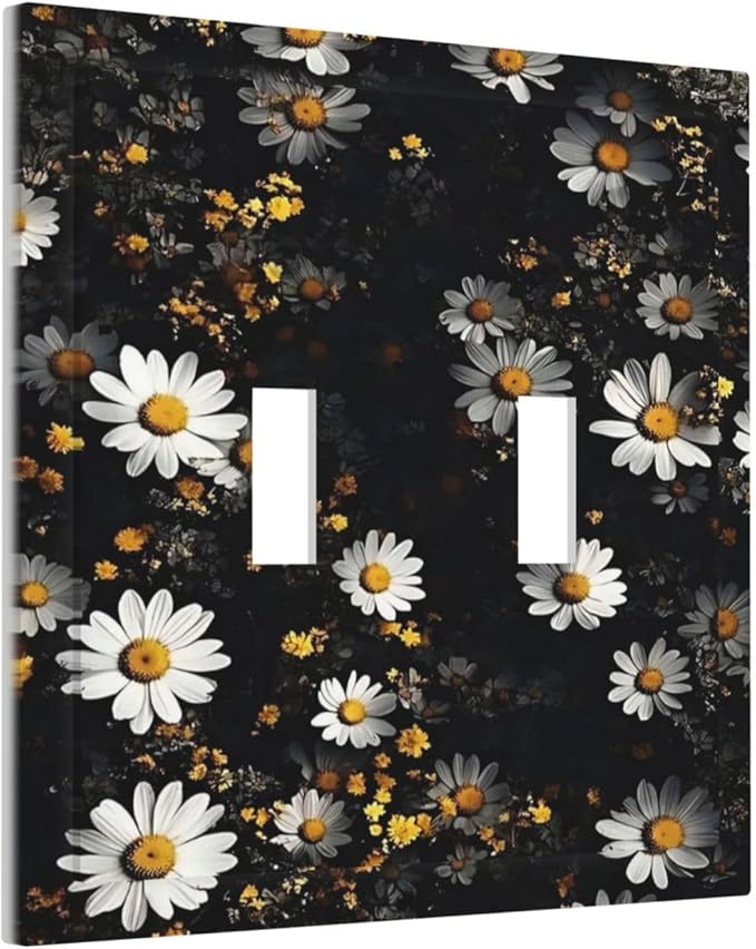 White Black Daisy Wildflower Modern Chrysanthemum Decorative Switch Plates 2 Gang Double Toggle Outlet Light Switch Cover Wall Plate Electrical Faceplate for Bedroom Farmhouse Decor